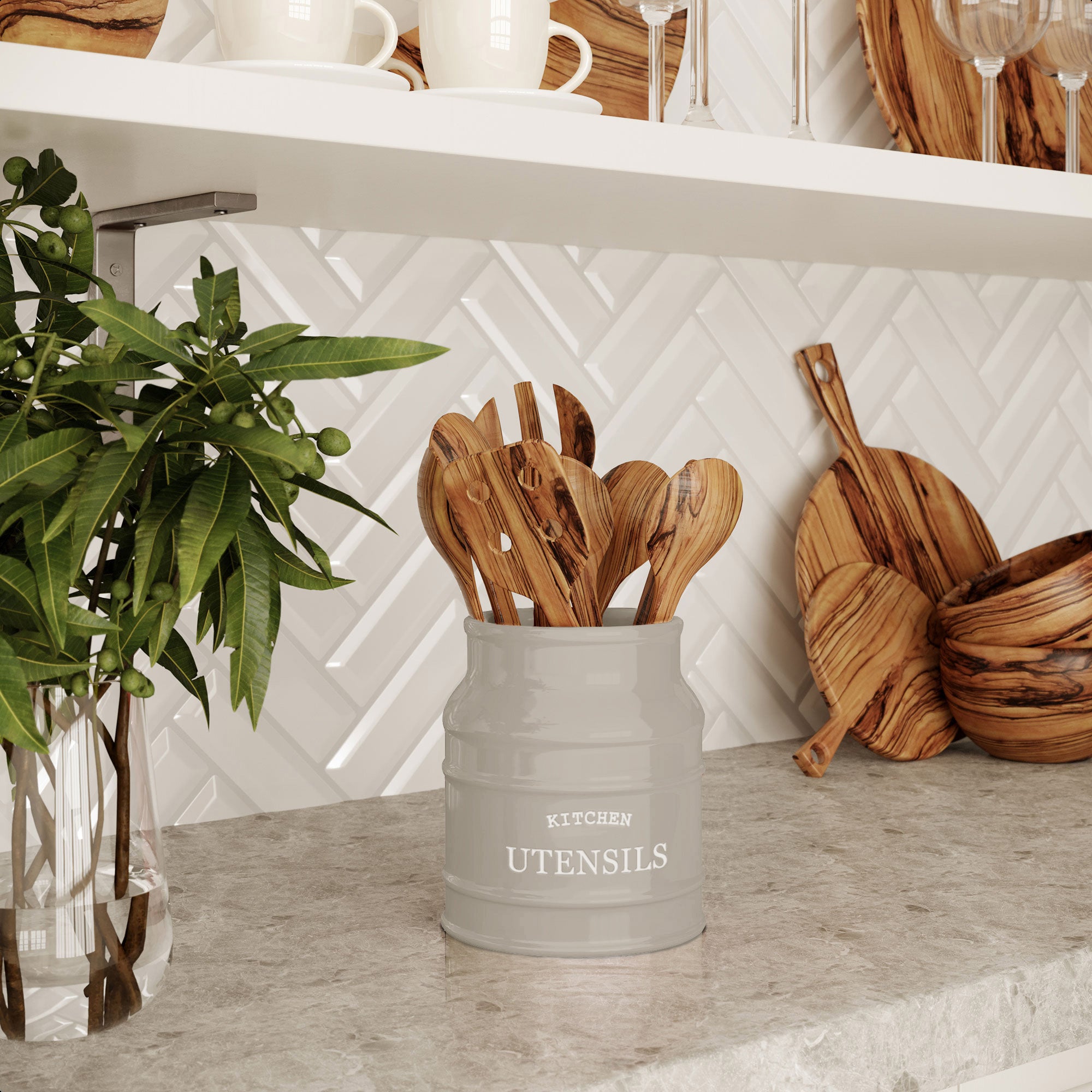 Barnyard Designs Ceramic Farmhouse Utensil Holder for Kitchen Counter,  Large Rustic Utensil Crock, Countertop Cooking Tool Spatula Organizer,  6.75”
